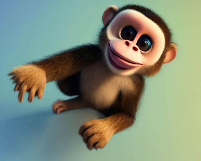 Image similar to 3D Pixar movie animation render of the cutest little fluffy monkey capuchin with a tail with a big lovely grin smile sweet adorable cherub, octane render, pastel colors, soft clouds and soft gradient background