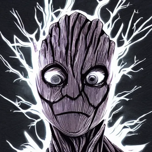 Image similar to groot baby ghost dark cyber scifi ambiance drawing