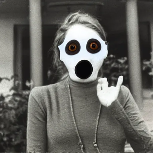 Image similar to woman with a nostril face, long snout, wearing eyeballs on her head, outdoors 1974 arthouse film, archival footage, technicolor film