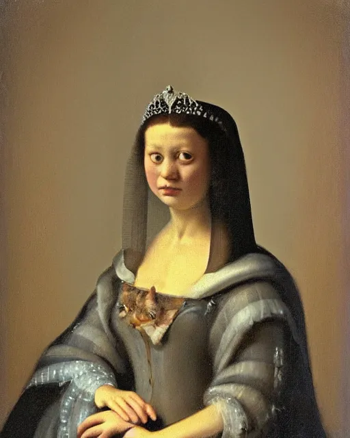 Image similar to portrait of a cat wearing a tiara, in the style of the dutch masters and gregory crewdson, dark and moody