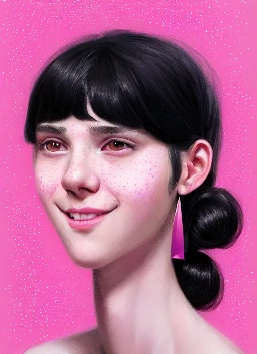 Image similar to portrait of teenage girl, realistic, black hair, bangs, half updo hairstyle, pointy nose, skinny, smile, ugly, defined jawline, big chin, pink hair bow, earrings, intricate, elegant, glowing lights, highly detailed, digital painting, artstation, sharp focus, illustration, art by wlop, mars ravelo and greg rutkowski