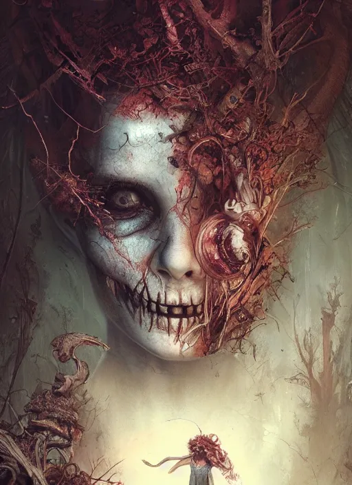 Prompt: Alice goes down the rabbit hole,highly detailed,half skull face,cinematic,8k,by Stanley Artgermm,Tom Bagshaw,Greg Rutkowski,Carne Griffiths, Ayami Kojima, Beksinski, Giger,trending on DeviantArt,hyper detailed,horror, full of colour