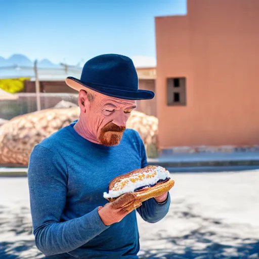 Image similar to bryan cranston eating pan dulce, ( sony a 7 r iv, symmetric balance, polarizing filter, photolab, lightroom, 4 k, dolby vision, photography awardm, voque, perfect face )