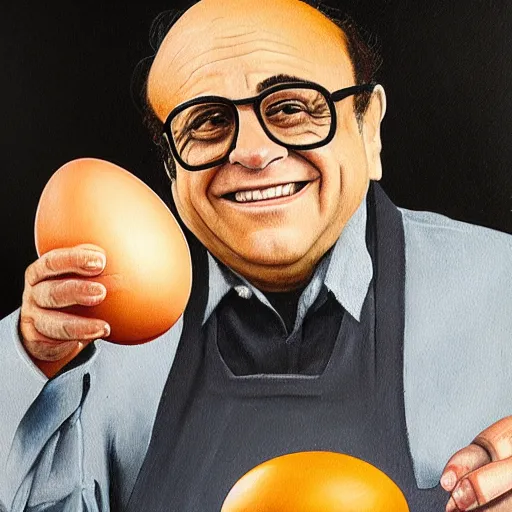 Prompt: a painting of danny devito holding an egg