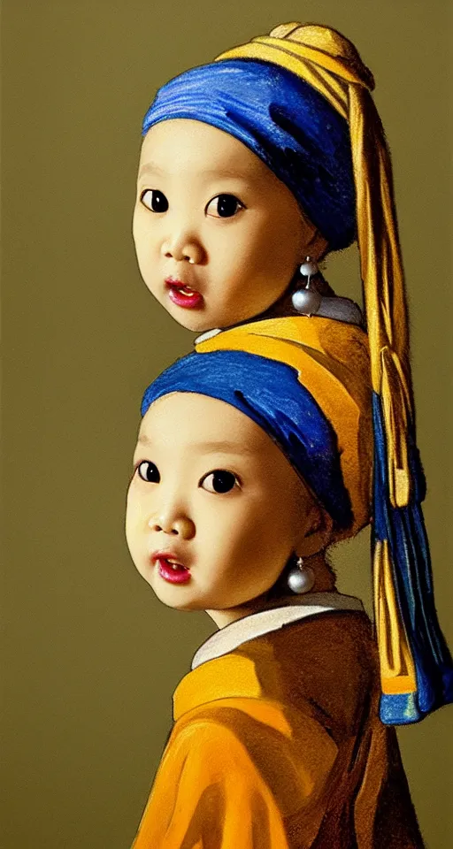 Prompt: A portrait of a lovely Asian baby girl imitating Girl with a Pearl Earring, realistic detailed oil painting, dark background, 4k,