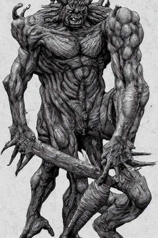 Image similar to humanoid hunched figure troll with 1 horn, ogre, fantasy, highly detailed, digital art, sharp focus, trending on art station, kentaro miura manga art style