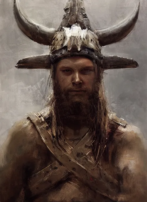 Image similar to portrait painting of viking berserker with a dinosaur skull headdress, by jeremy mann, only one head single portrait