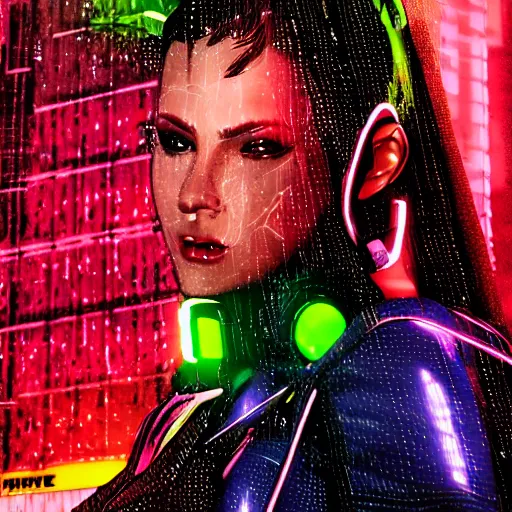 Prompt: comic book woman portrait made out of rain, beautiful, stylish suit, cyberpunk background, neon, rendered in octane, unreal engine, matte painting, sharp focus, trending on artstation, futuristic, space