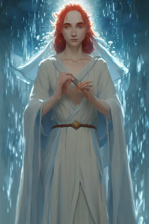 Image similar to elvish female sorcerer doing water magic spells, blue robes, red hair, finely detailed perfect face, exquisite details, mid view, design on a white background, by studio muti, greg rutkowski makoto shinkai takashi takeuchi studio ghibli