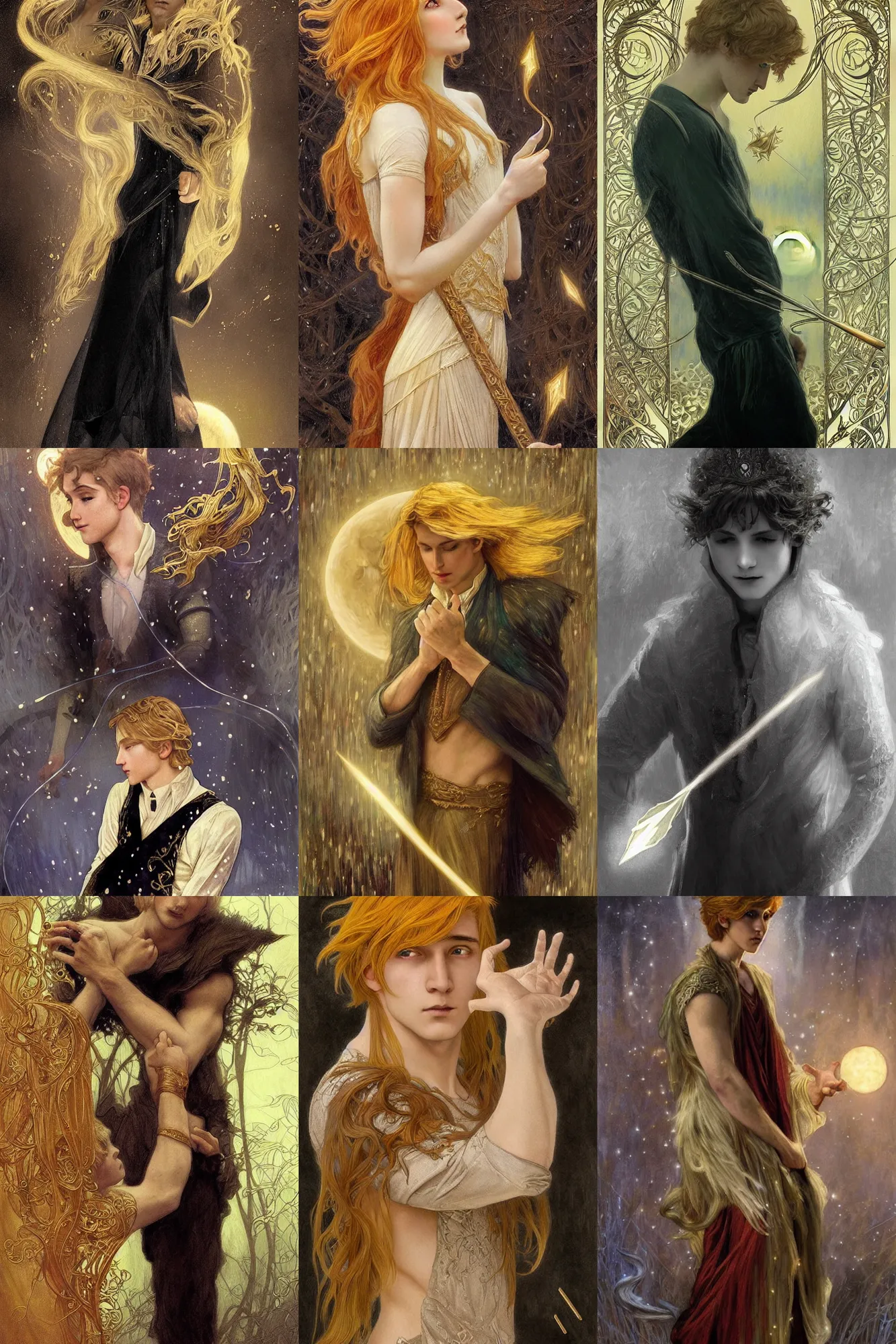 Prompt: young male magician golden hair 1920 saying goodbye to the goddess of the moon magician casting lightening spells, Frozen II Klaus film, fantasy, intricate, elegant, highly detailed, digital painting, artstation, concept art, smooth, sharp focus, illustration, art masterpiece by art by Krenz Cushart and Artem Demura and alphonse mucha, ArtGerm, Jon Lothian, Danilo Torres, Adi Meyers, Thomas Reimann, Gaston Bussiere