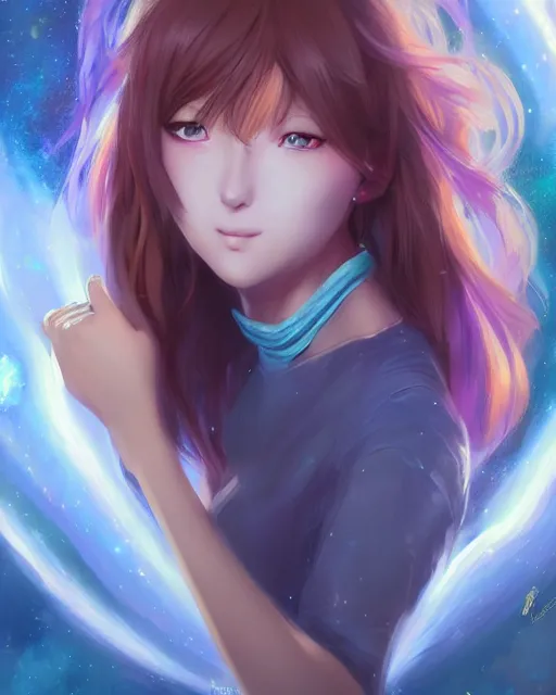 Prompt: A realistic anime portrait of a beautiful cosmic woman with glowing rainbow eyes and cosmic skin wearing clothes made of universes, digital painting, by Stanley Artgerm Lau, Sakimichan, WLOP , Makoto Shinkai and Rossdraws, digital painting, trending on ArtStation, SFW version