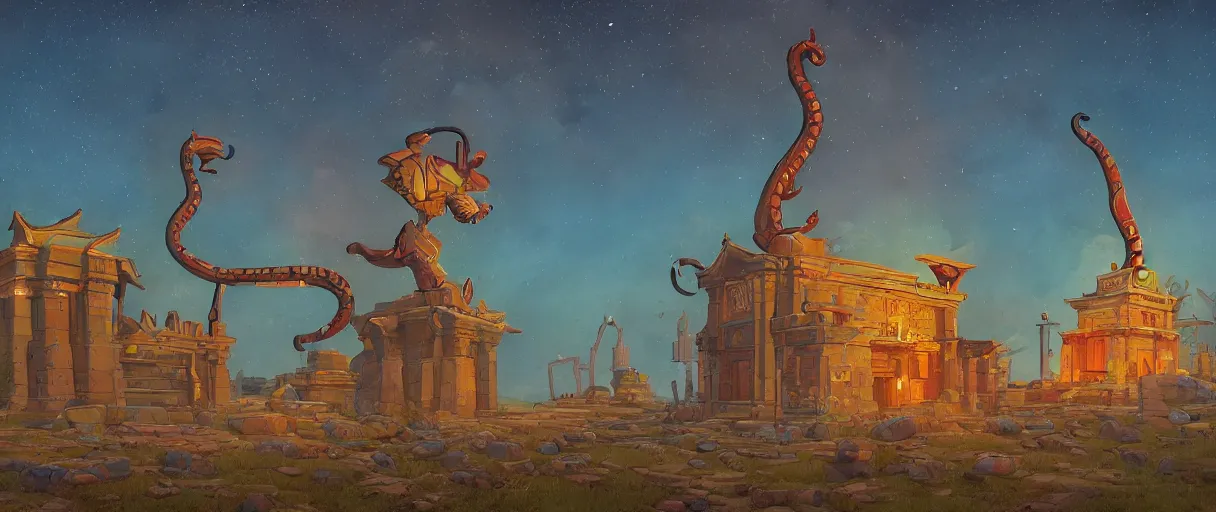 Prompt: A beautiful temple in honor of ancient anthropomorphic Feline warriors by Simon Stalenhag | Graphic Novel, Visual Novel, Colored Pencil, Comic Book:.3 | unreal engine:.5 | establishing shot