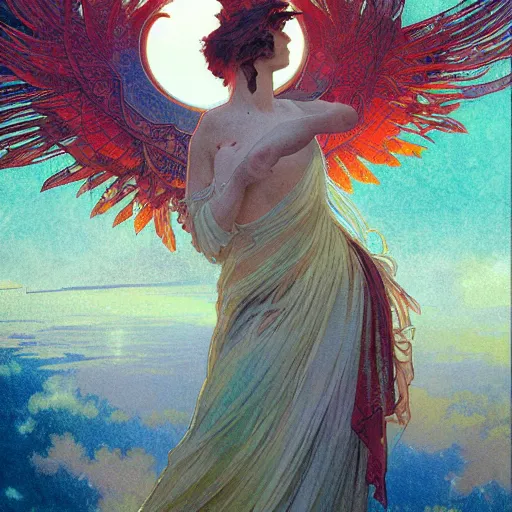 Image similar to the solarpunk phoenix, red bird, regeneration, landscape, volumetric light, bokeh, painting by greg rutkowski by alphonse mucha