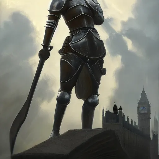 Prompt: painting of a female knight invading london, full view, popular on artstation, artstationhd, artstationhq 8 k, volumetric lighting, super focused, no blur, trending on artstation, artstationhd, artstationhq, ultra detailed, by artgerm and james gurney, greg rutkowski,