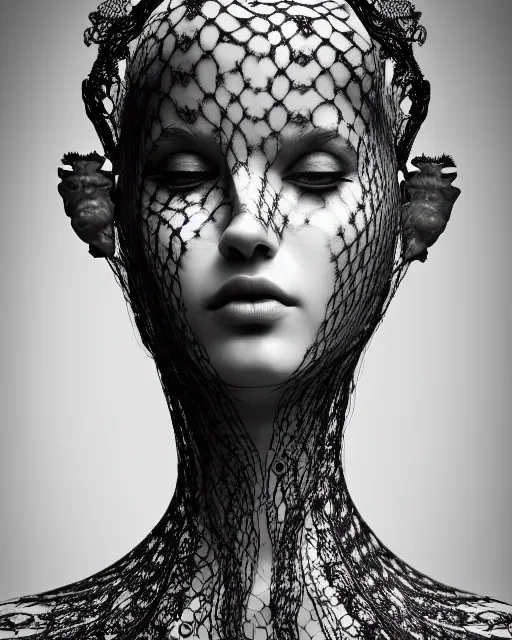 Image similar to surreal mythical dreamy artistic black and white fine art photo of a beautiful young female queen - medusa - cyborg covered with lace fish scales and translucent algae, highly detailed, intricate crystal ivy lace jelly fish scales ornate, poetic, octane render, 8 k, photo - realistic