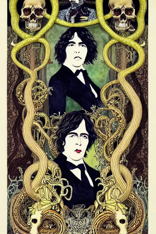 Image similar to realistic portrait of oscar wilde in the center of an ornate rococo frame with skulls and snakes, detailed art by kay nielsen and walter crane, illustration style, watercolor