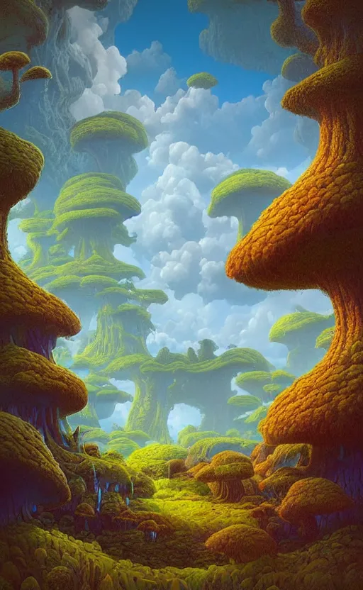 Prompt: breathtakingly beautiful ultrawide angle colour masterpiece dream by roger dean and greg hildebrandt and kilian eng and jean giraud and beeple and studio ghilbi, mushroom forest, arch, lake reflection, secret overgrown massive house, cloaked person in boat looking over their shoulder, incredible sense of depth and perspective and clarity, weird abstract, 8 k