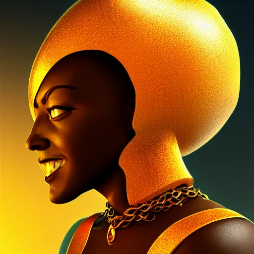 Image similar to side profile portrait of an african american woman with an orange glow on her face medieval metallic knight armor, artstation, cgsociety, masterpiece, dark fantasy