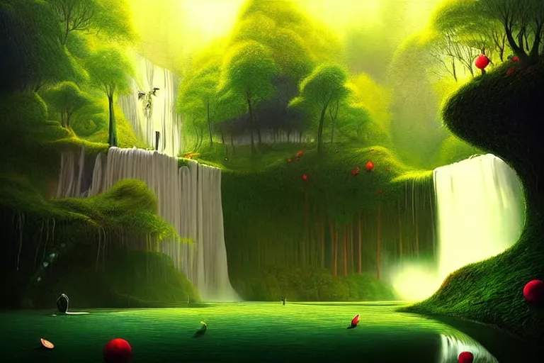 Image similar to surreal glimpse into other universe, waterfall, summer morning, very coherent and colorful high contrast, art by!!!! gediminas pranckevicius!!!! dark shadows, hard lighting