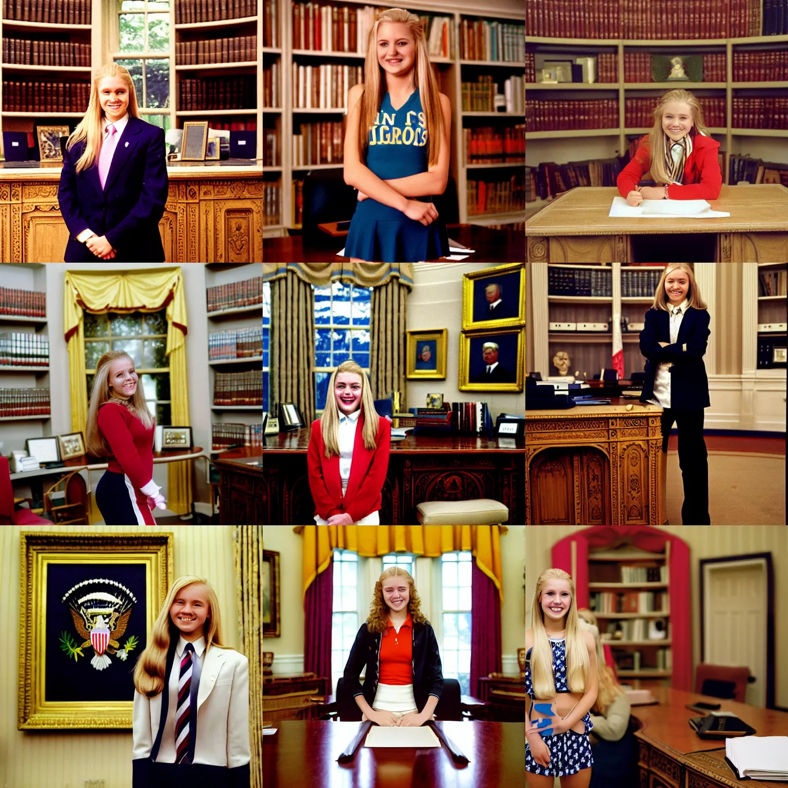Prompt: A teenage girl cheerleader, long blond hair, standing in front of a desk in the Oval Office, grinning, as president of the united states, official photo portrait by Steve McCurry