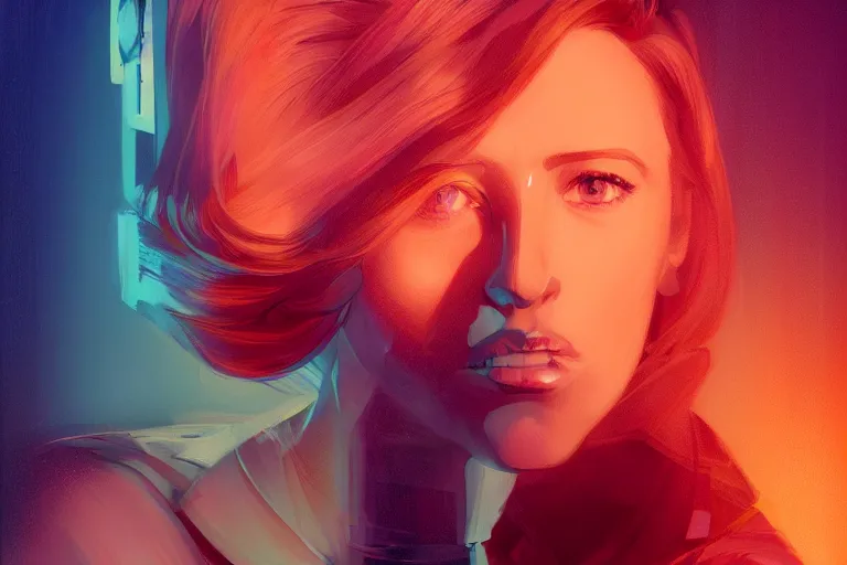 Prompt: Portrait of young Gillian Anderson in a cyberpunk appartment , neon lighting, model, HDR, 24MP, fantasy, high detail, elegant, digital painting, rossdraws global illumination, vibrant, intricate, textured skin, highly detailed, artstation, sharp, focus, illustration, Anna Dittmann, Ilya Kuvshinov, Nikolay Makovsky