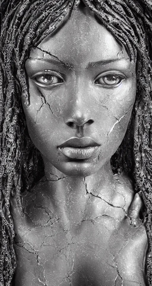 Image similar to hyper realistic of a stunning intricate cracked black marble falling african american woman angel face sculpture, highly detailed, white tone background, trending on artstation, hyperrealism, matte painting, subsurface scattering