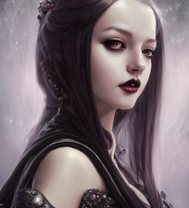 Image similar to portrait of of young beautiful female princess, d & d, centered face, gothic dress, elegant, shiny lips, flat lighting, intricate, highly detailed, digital painting, artstation, concept art, smooth, sharp focus, illustration, closeup, misa amane, art by simon bisley and greg rutkowski and alphonse mucha, natural tpose