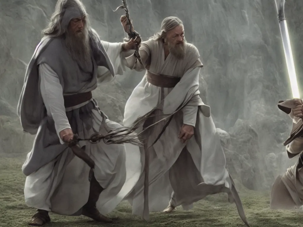 Prompt: Obi Wan fighting Gandalf