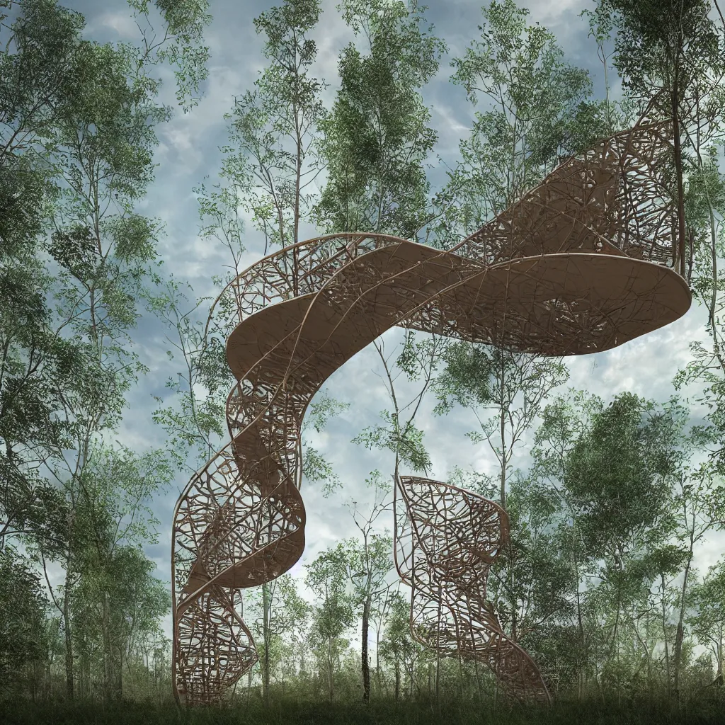 Prompt: “Hyper realistic, double helix shaped corten steel observation tower in a forest, Future design, architecture design, parametric architecture, covers by textile, environment, morning light, Cinematography, mega scans, cinematic, hyper realistic, photo real, cinematic composition, highly detailed, vray, 8k render”