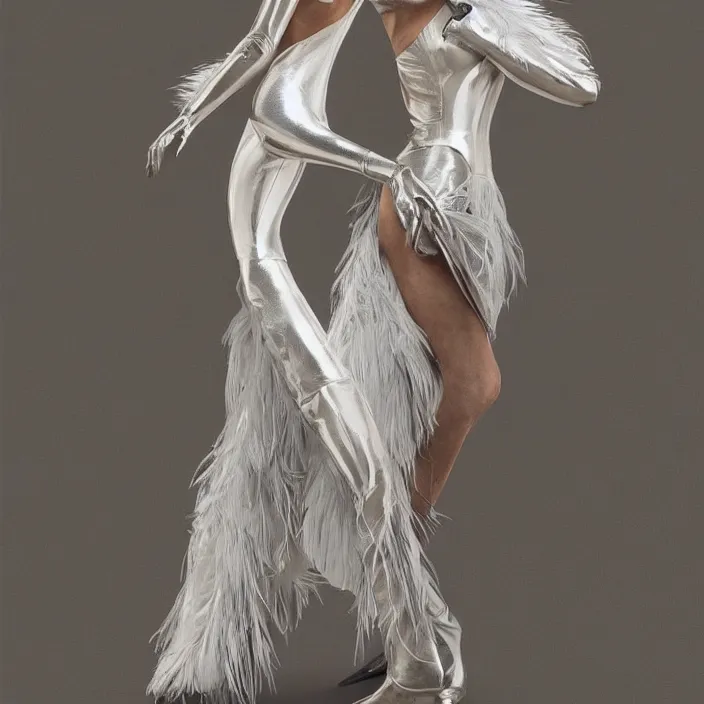 Prompt: metallic neoprene woman, feathered, nylon fashion, designed by wlop, by greg rutkowski, by santiago calatrava