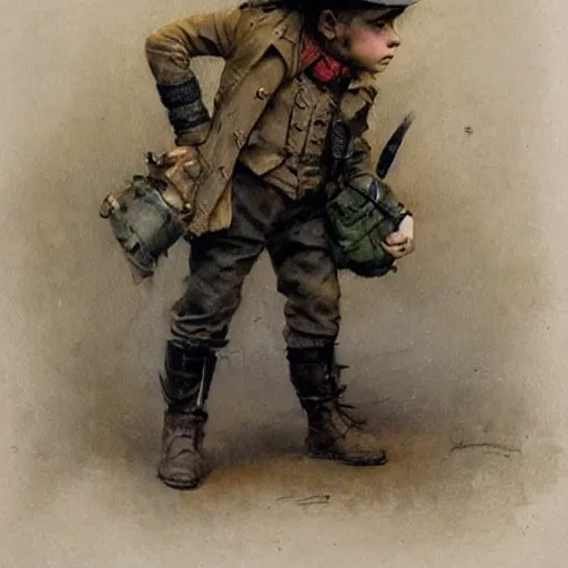 Image similar to (((((portrait of boy dressed as Dieselpunk explorer in an actionpose . muted colors.))))) by Jean-Baptiste Monge !!!!!!!!!!!!!!!!!!!!!!!!!!!