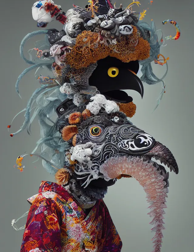 Image similar to 3 d muppet half - turn portrait with ram skull. beautiful intricately detailed japanese crow kitsune mask and clasical japanese kimono. betta fish, jellyfish phoenix, bio luminescent, plasma, ice, water, wind, creature, artwork by tooth wu and wlop and beeple and greg rutkowski