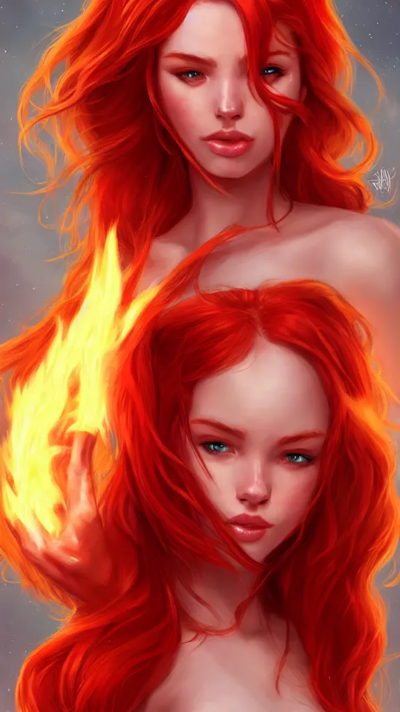 Image similar to beautiful princess, red hair on fire, freckles, beautiful face, full body, wearing red dragon armor, artstation, artgerm