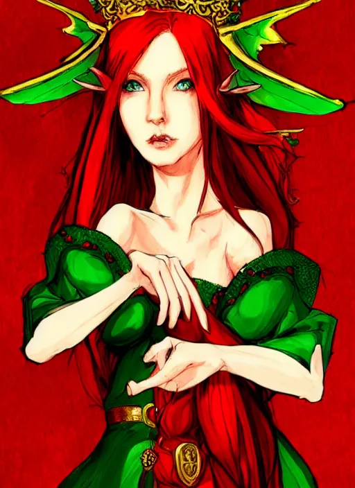 Image similar to Half body portrait of a beautiful red haired elven queen in red and green dress with golden crown sitting on a throne with haughty look. In style of Yoji Shinkawa, dark fantasy, great composition, concept art, brush strokes.