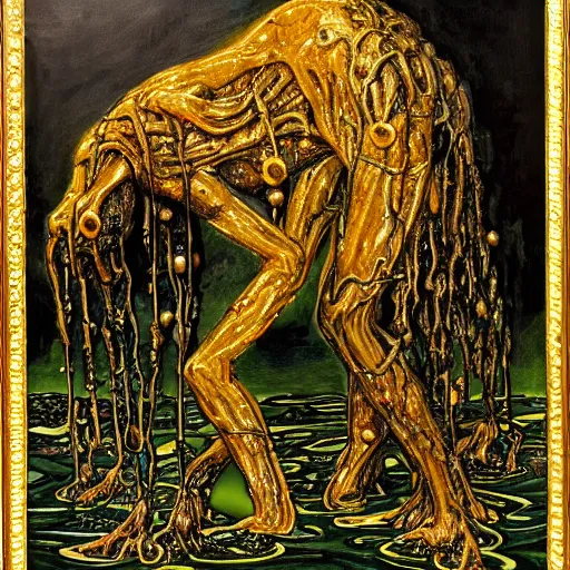 Image similar to dark green sci-fi lab at night gustave coubert painting of black onyx skin horror zombie dressed in rags exposed guts crawling in two legs and dripping golden metalic fluid from intestine into a puddle of golden liquid on the floor.