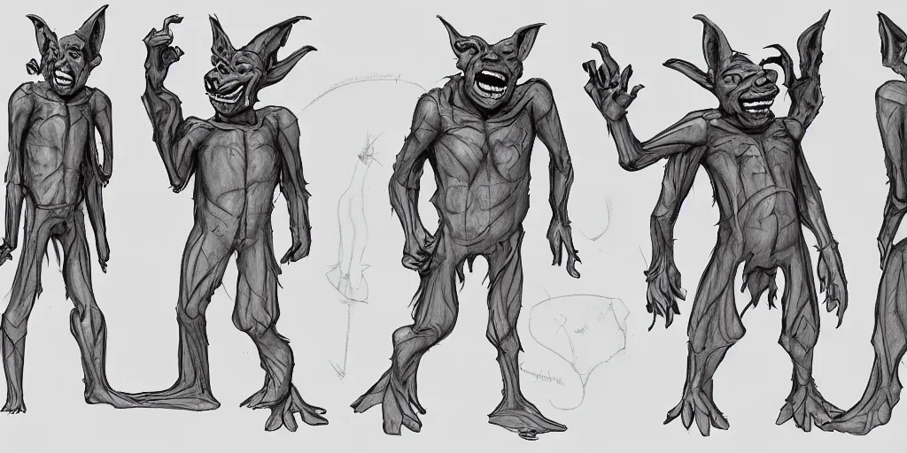 Image similar to Full body goblin, ripped suit, grinning, smile, concept sheet