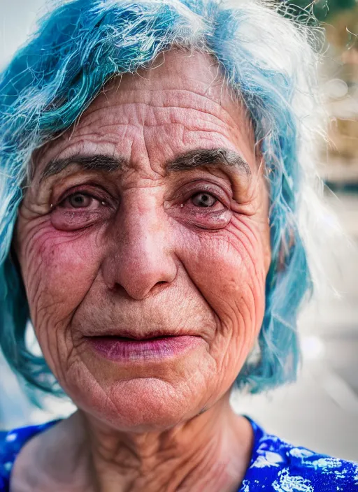 Image similar to close up portrait of a 60-year-old woman from Cyprus, white hair, happy, strong blue and orange colors, candid street portrait in the style of Martin Schoeller award winning, Sony a7R