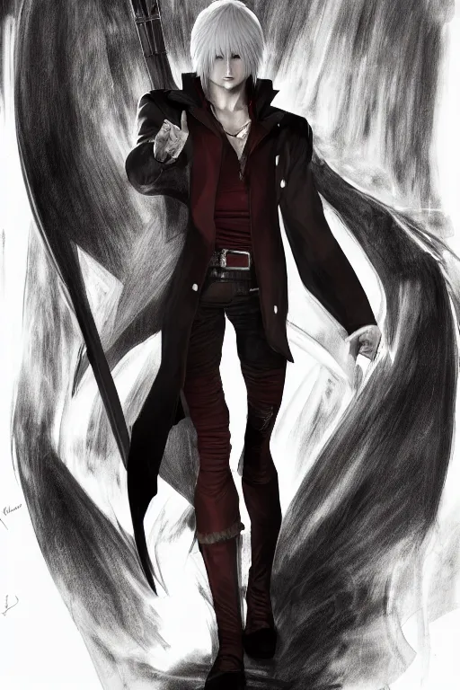 Prompt: a full body shot of Dante from Devil May Cry by Tite Kubo, portrait,elegant, highly detailed, centered, digital drawing, artstation, concept art, smooth, sharp focus, manga