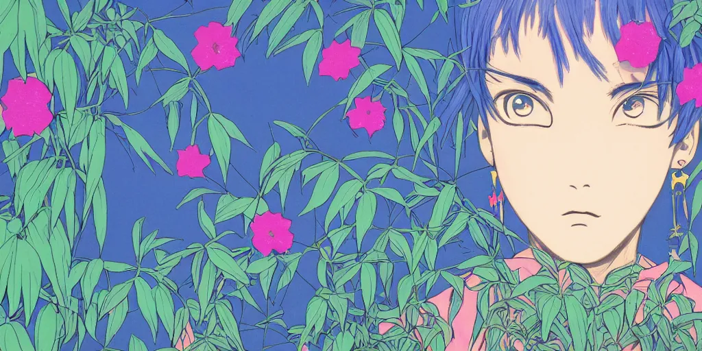 Prompt: risograph grainy painting of running man anime - like hero girl protagonist face, matte dull colors, with huge earrings, face covered with plants and flowers, by moebius and dirk dzimirsky and satisho kon, blue hour, close - up wide portrait