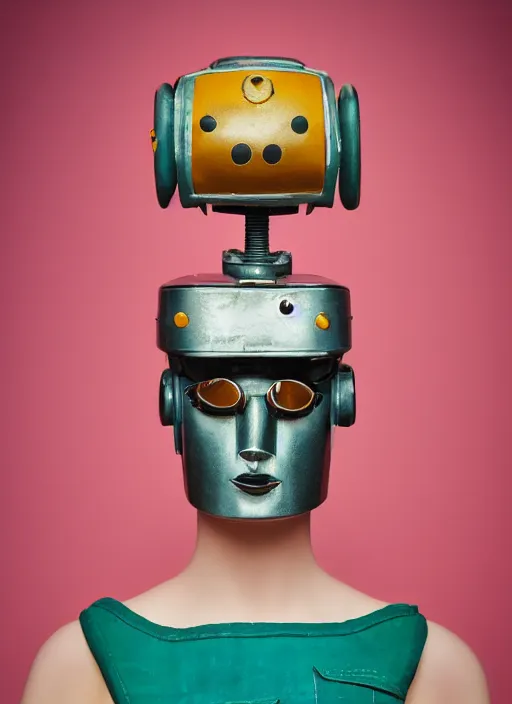 Image similar to a fashion portrait photograph of a retro robot head in the style of wes anderson, pastel hues, 35mm, pentax, studio lighting