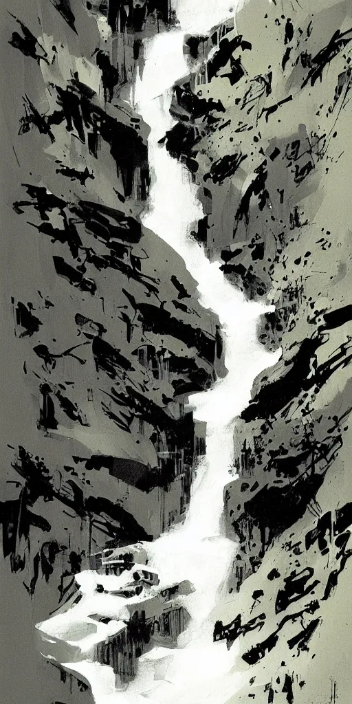 Prompt: eerie waterfall, ashley wood illustration