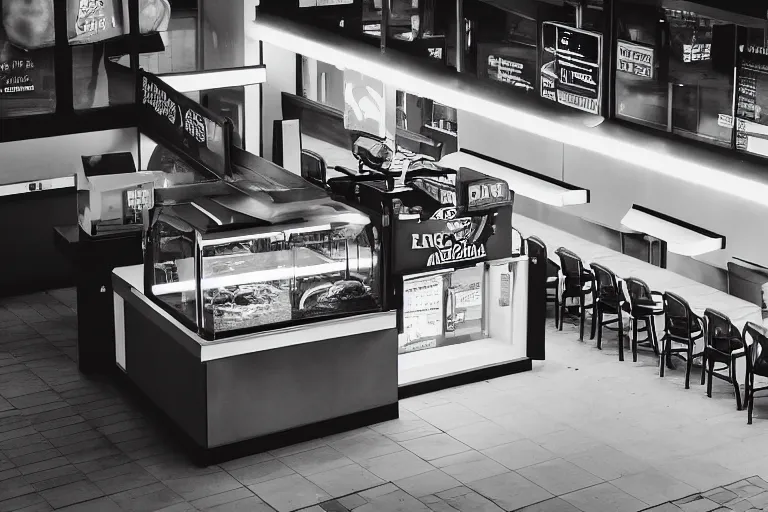 Image similar to a lion in an empty fast food restaurant lobby, overhead view, surveillance, black and white, grainy image,