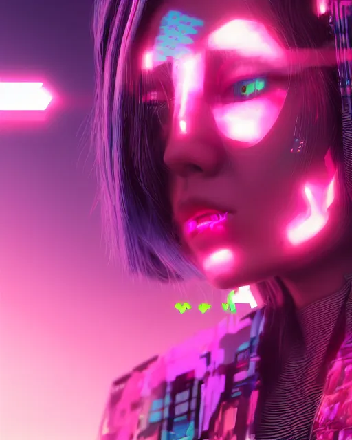 Image similar to Calm AI-girl's face. Very strong glitches on the monitor. Concept art, octane render, glitchcore, glitches, glitch, synthwave, retrowave, cyberpunk, vaporwave, artstation, 8k