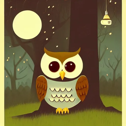 Image similar to a cute cartoon picture of an adorable owl of athena!! next to a a jar of fireflies! in the woods, a storybook illustration by arabella rankin and nyuju stumpy brown, behance contest winner, context art, storybook illustration, pop surrealism, nightscape, digital illustration