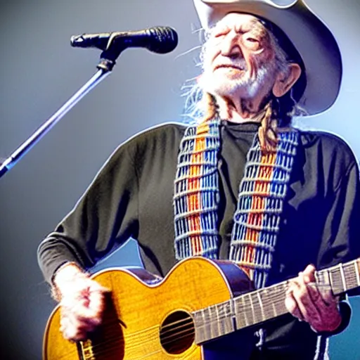 Image similar to willie nelson on stage, detailed, guitar. god rays through fog.