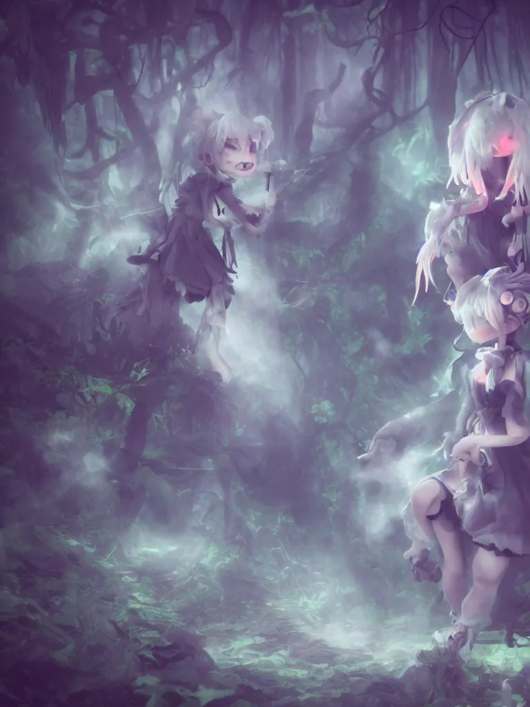 Image similar to cute fumo plush of a frail cursed witch girl wandering the depths of the forbidden jungle, gothic wraith maiden, wispy smoke and volumetric fog, beyond the mirror, asymmetric beauty, vignette, vray