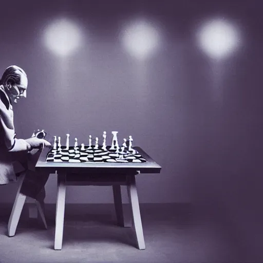 Prompt: filmstill of Marcel Duchamp playing chess against a futuristic machine, long exposure, minimal composition, packshot, archival pigment print