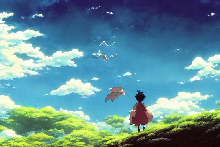 Image similar to painting of a dreamy cloudscape!, a flying dragon!!! in the foreground, exterior wide shot, otherworldly and ethereal by kazuo oga in the anime film by studio ghibli, screenshot from the anime film by makoto shinkai