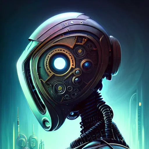 Image similar to low angle portrait shot of a cyberpunk gazmask robot character, intricate, elegant, highly detailed, centered, digital painting, artstation, concept art, smooth, sharp focus, illustration, artgerm, Tomasz Alen Kopera, Peter Mohrbacher, donato giancola, Joseph Christian Leyendecker, WLOP, Boris Vallejo