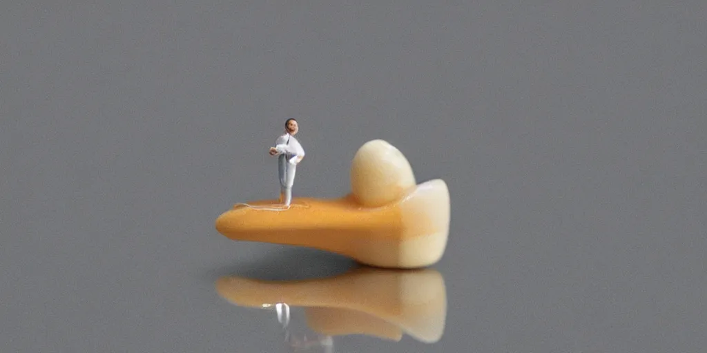 Image similar to artwork on a tooth, a single tooth, tooth, contemporary art, tilt shift, miniature art